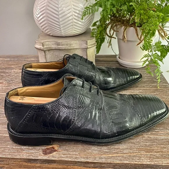Vtg Exotic Teju Lizard Ostrich Skin David Eden Mens 11 Oxfords Dress Shoes Black - Picture 3 of 12